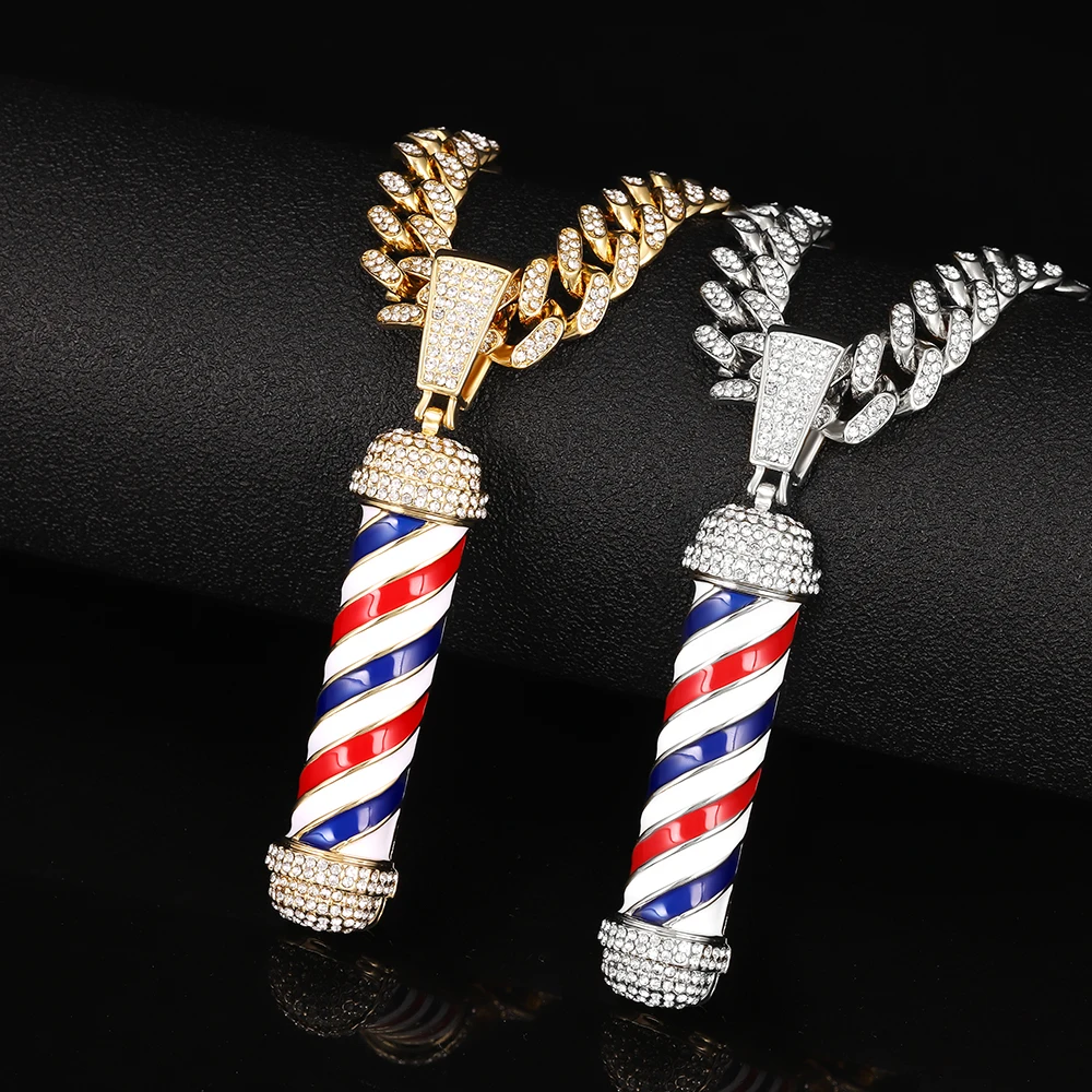 Barber Shop Hair Dresser Tools Necklace 3D Barber Pole Razor Hairclippers Charms Pendant Necklaces Men Women Souvenir HIP Hop