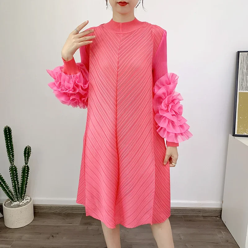 Wrinkled Handmade Panhua Dress 2024 Summer New Style Pink Heavy Industry Embroidered Long Skirt Outer Single Dress for Women