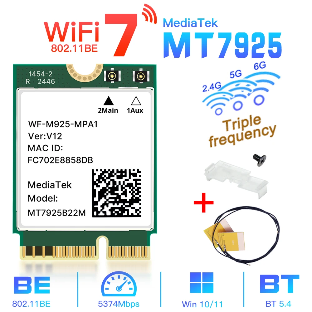 بطاقة شبكة WiFi 7 MT7925 بلوتوث 5.4 M.2 NGFF محول لاسلكي 5400Mbps ثلاثي الموجات 2.4G 5G 6 جيجا هرتز Wifi7 Lan بطاقة لـ Win 10/11