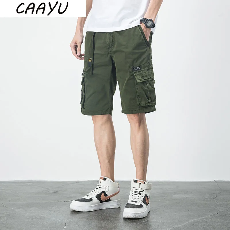 CAAYU Mens Cargo Shorts Men 2023 New Summer ArmyGreen Side Pockets Hip Hop Japanese Streetwear Male Pants Casual Shorts for Men