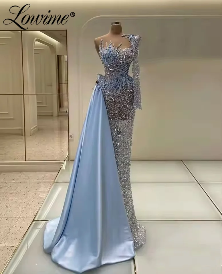 ブルーのワンショルダーイブニングドレス、カスタムメイドのマーメイドプロムドレス2025、クリスタルとスパンコールをあしらった誕生日・婚約用ガウン、サイドトレーン付き