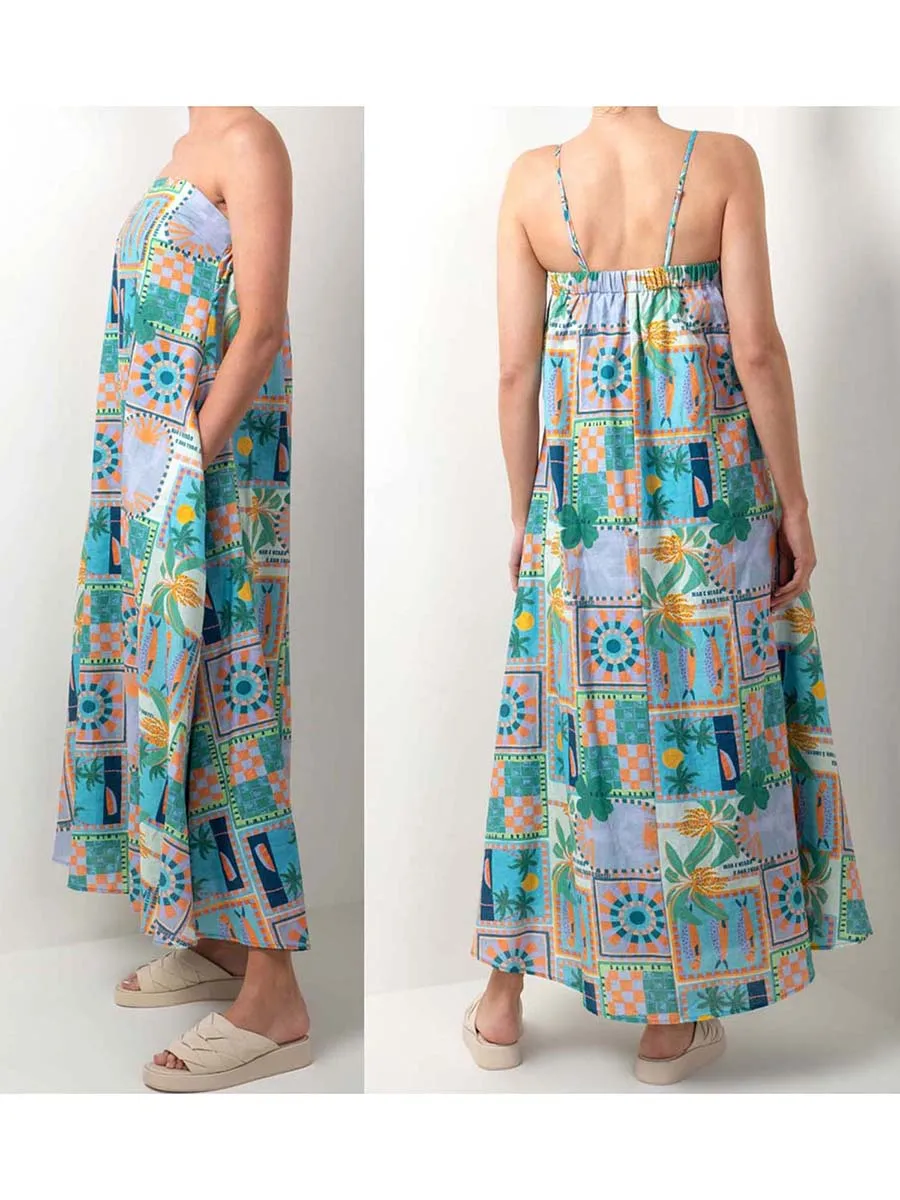 Pmiys 2024 Vrouwen Bloemen Boho Jurk Mouwloze Patroon Print Cami Jurk Casual Lange Jurk A-Lijn Jurk Rugloze Zomerjurk