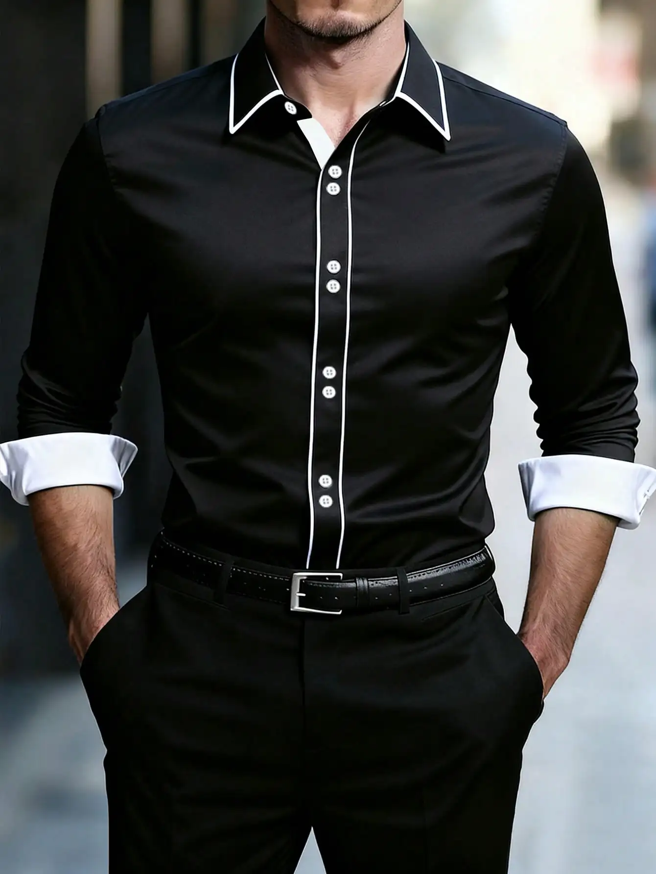 

Men's Slim Fit Black Long Sleeve Shirt with White Contrast Trim, Casual Business Wear