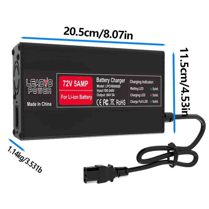 84V 5A Battery Charger 20S 72V Lithium ion battery For ebike Electric Motorcycle With IEC Charger Port