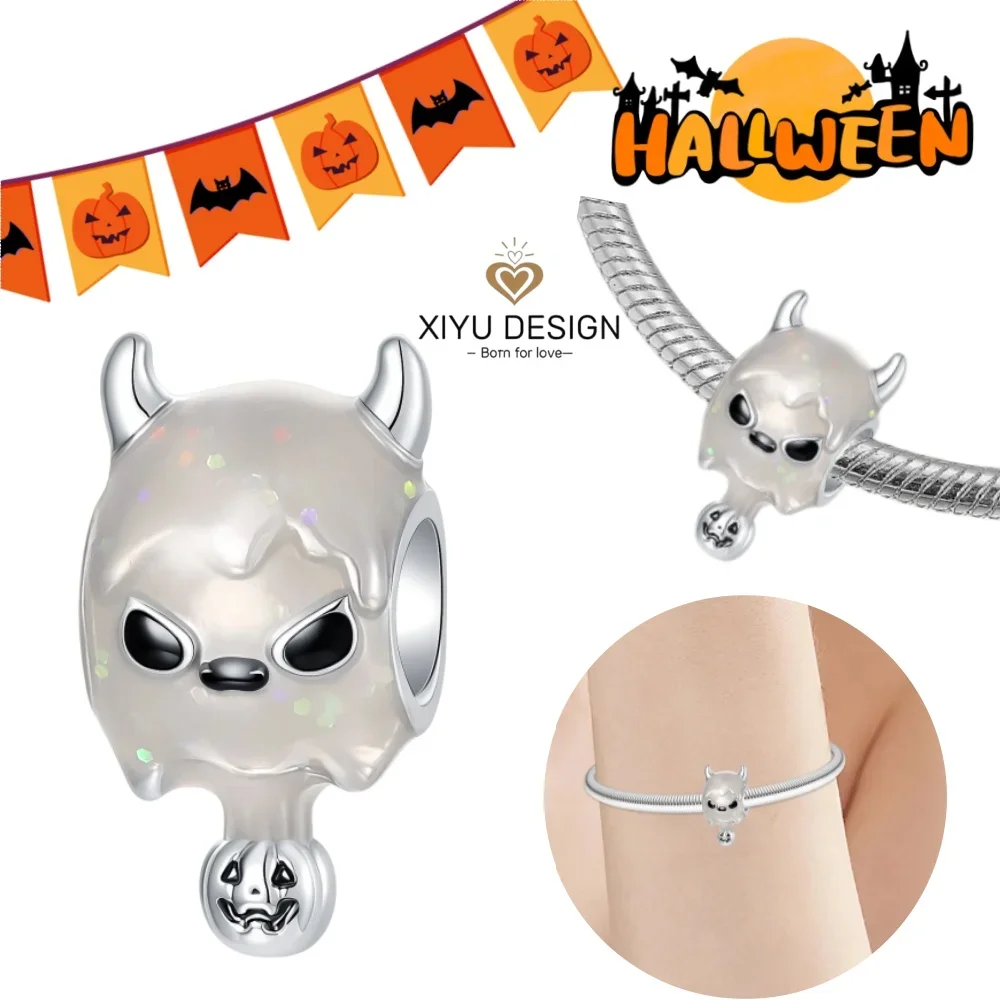 Halloween Party 925 Sterling Silver  Spooky Ghost Cute Devil Charms Beads Pendant Fit DIY Original Bracelet Women Jewelry Gift