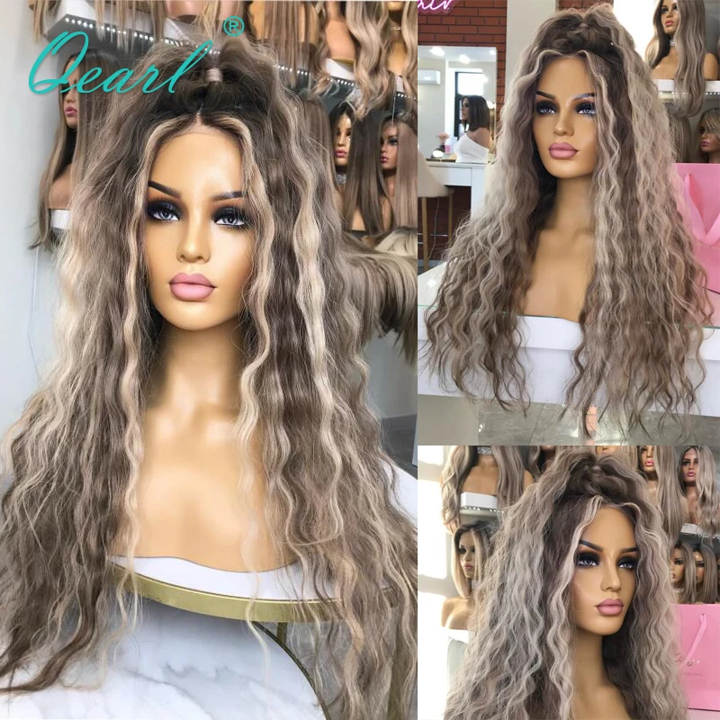 Diepe Golf Krullend Full Lace Pruiken Echte Natuurlijke Kant Frontale Pruik As Grijze Blonde Highlights Gekleurd Menselijk Haar Pruik Remy Hair Qearl