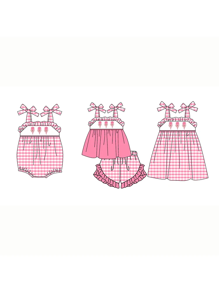 Summer Pink Plaid Baby Bubble Romper Matching Toddler Sibling Girls Dresses Boutique Ice-Cream Print Children Clothing