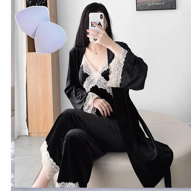 

Новый осенний бархатный пижамный комплект из 3 предметов с сексуальным кружевным халатом и свободной повседневной бархатной домашней одеждой