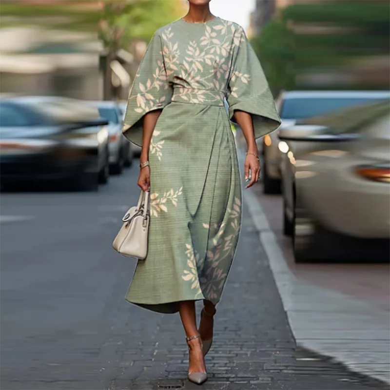 أنيقة طاقم الياقة شريط طباعة فستان طويل عادية المرأة مطوي فستان الحفلات الربيع خمر مطبوعة Batwing كم تخفيف فستان #6