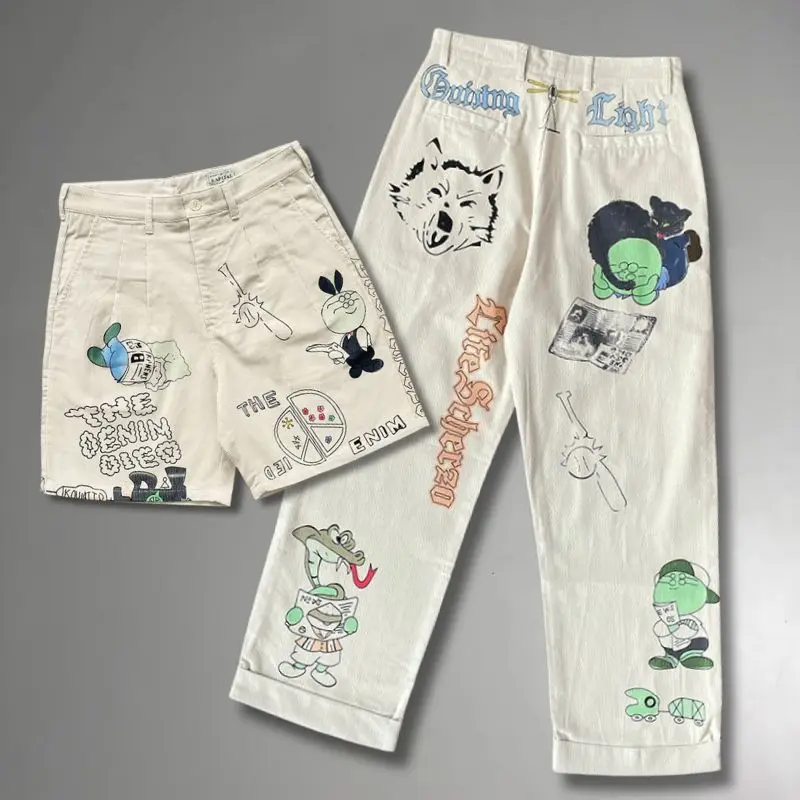 

25AW KAPITAL Pants Japanese Retro Corduroy Washed Old Fun Cartoon Graffiti Print Overalls Casual Street Men Women Trousers