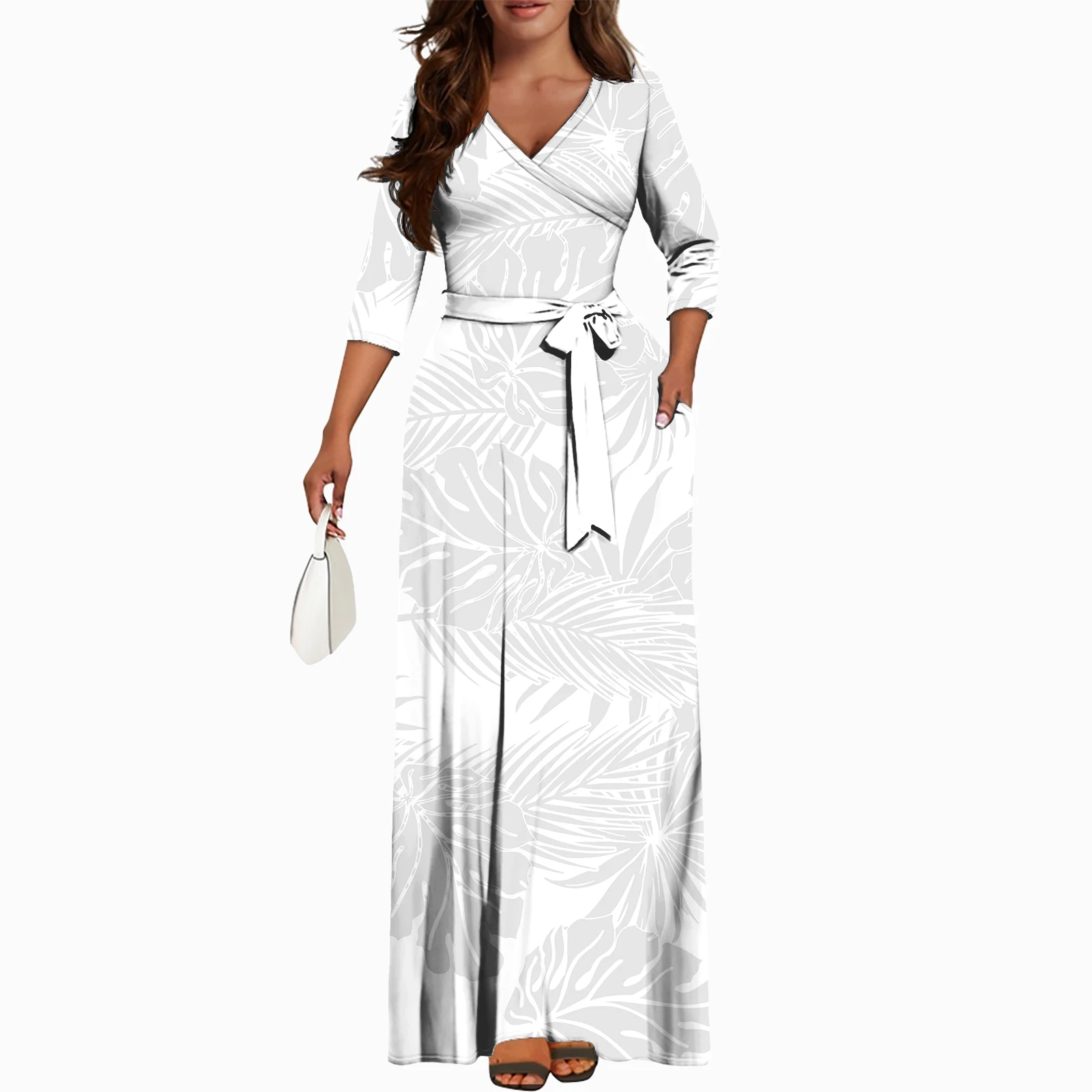 Long Sleeves Maxi Dresses Women Elegant Polynesian Tribal Samoan Tapa Floral white Print Custom women sexy bodycon church dress