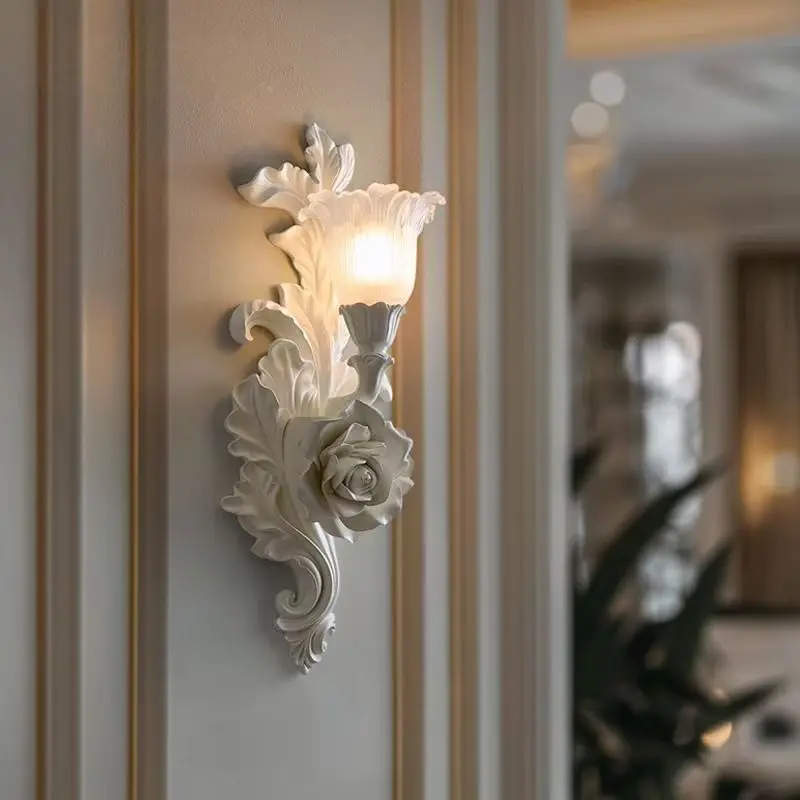 French bedroom wall lamp, living room entrance corridor background engraved art light, court high sense white flower wall sconce