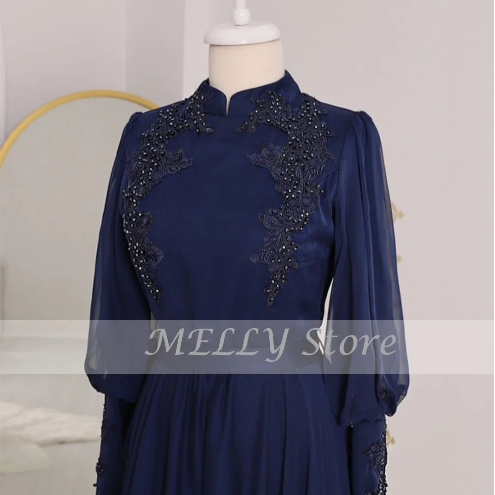 Blue Evening Dresses สำหรับผู้หญิงลูกไม้ Applique ประดับด้วยลูกปัดแขนยาวพรหมชุดชีฟอง A-Line ชั้น Lebngth فستان سهرة نسائي