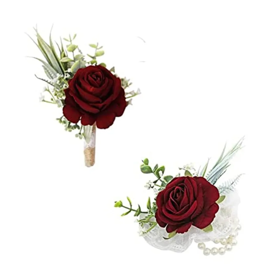 Wine Red Corsage and Boutonniere Set Artificial Burgundy Rose Flower Wrist Corsage and Boutineers for Groom Groomsmen Bride Bri
