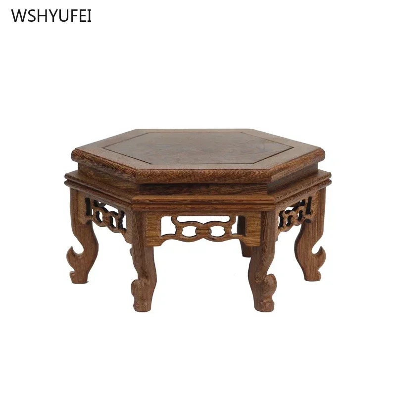 1 pc Solid wood hexagonal  base Tea set base Buddha statue altar living room Home decoration ornaments Wooden coffee table