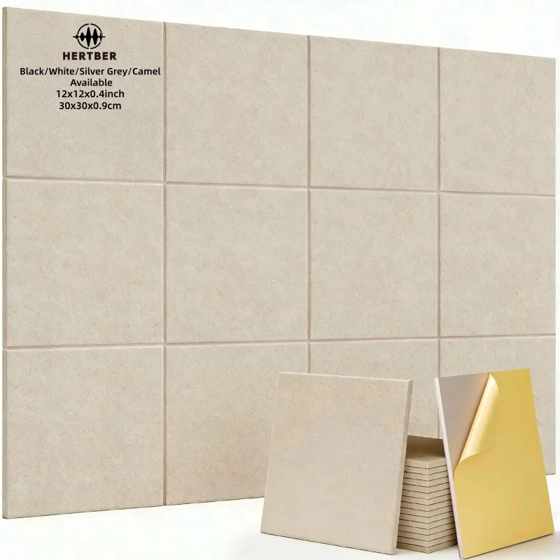 Paneles Acústicos Cuadrados HERTBER, Paquete de 12, Autoadhesivos, Azulejos de Pared Absorbentes de Sonido para el Hogar, Estudio u Oficina, Fácil Instalación