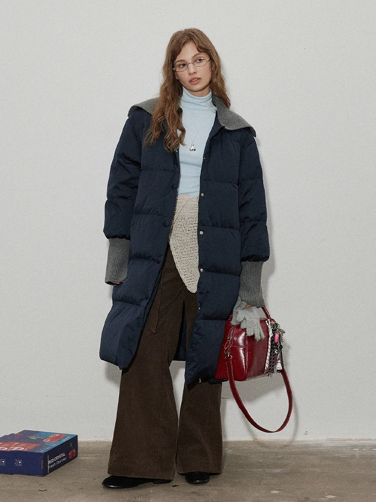 

Winter Lapel Long Knitted Splicing Down Jacket Female Warm Knee Length Parker Outwears Women White Duck Down Thicken Down Jacket