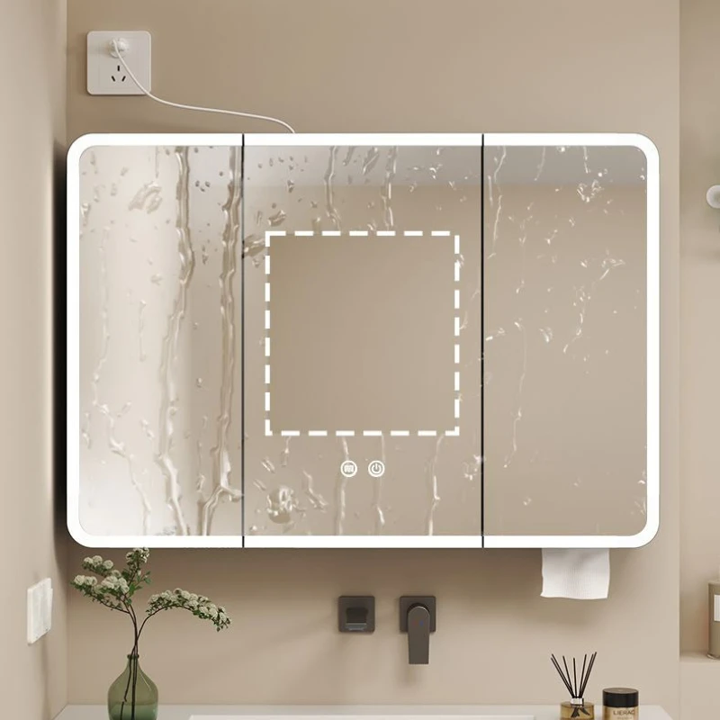 LED Smart Bathroom Mirror Cabinet Wall Mounted Anti Fog Makeup Storage Aerospace Aluminum Rounded Thick Round Bathroom Mirror view 2