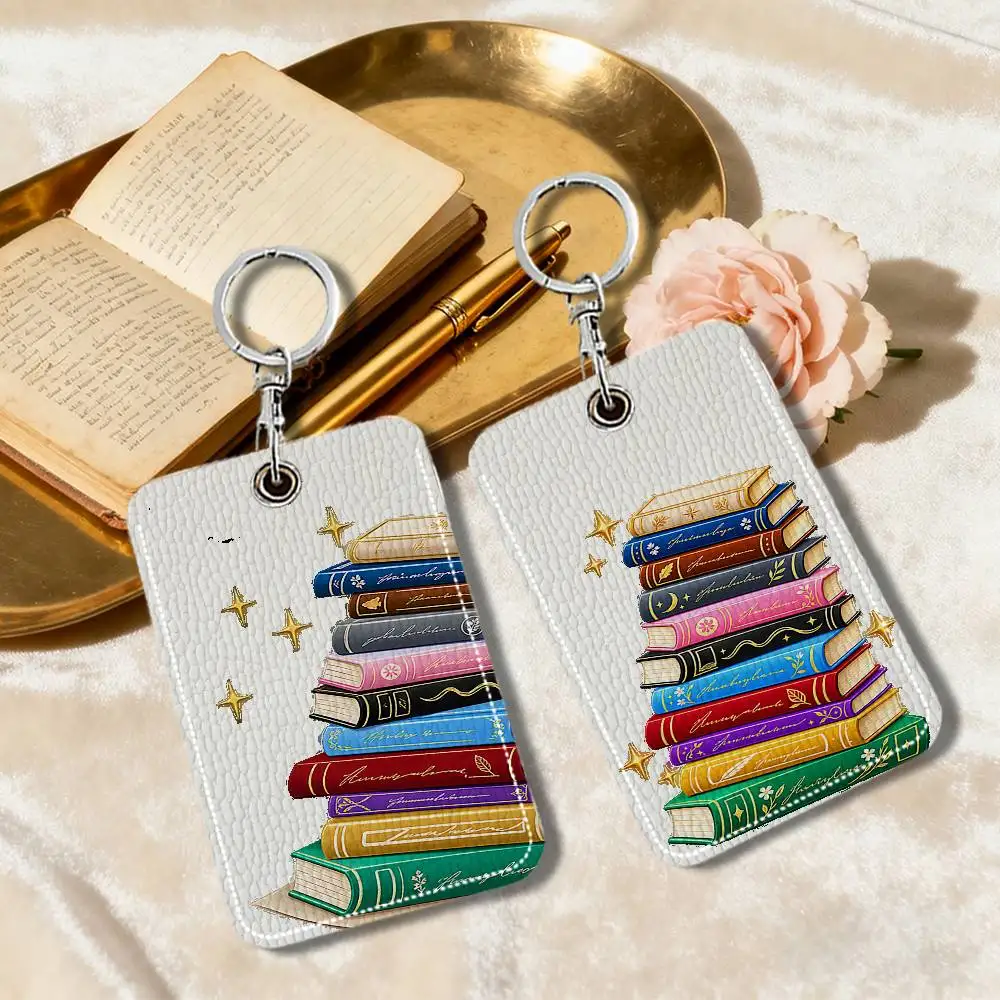 Book Pile Design Card Holder Leather Card Storage Box Key Chain Access Tag Holder ID Card Holder Key Chain