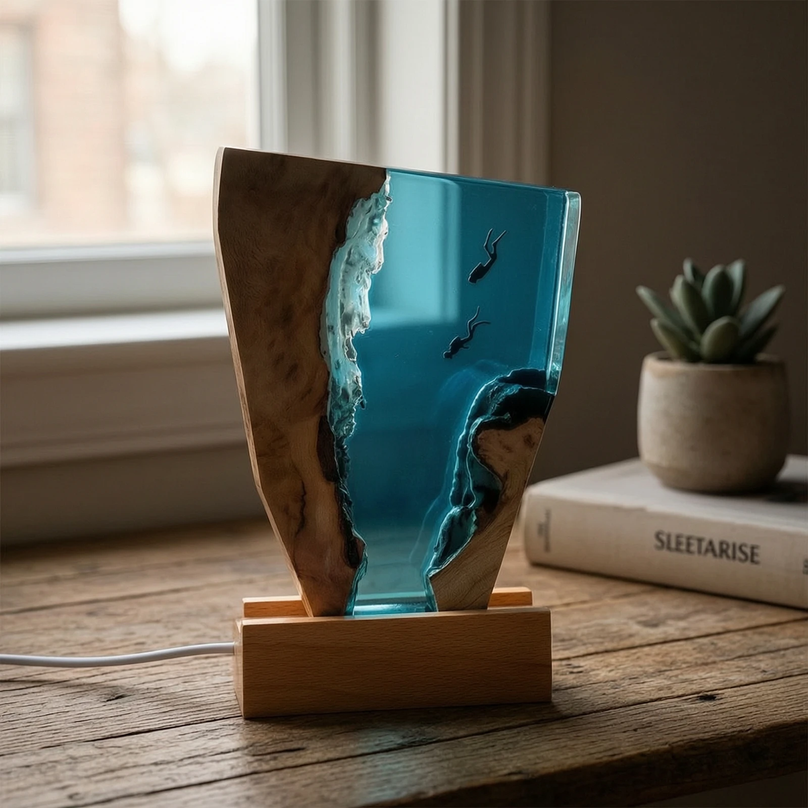 Epoxy Night Light with Wood Base Sculptural Epoxy Resin Night Light Resin Wood Lamp Aquatic Natural for Divers, Nightstand, Desk - view 3