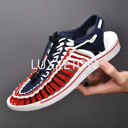 2024 New Leisure Men's Spring/Summer Knitted Sandals Fashionable and Trendy Beach Shoes with A Headband and One Step Lazy Shoes