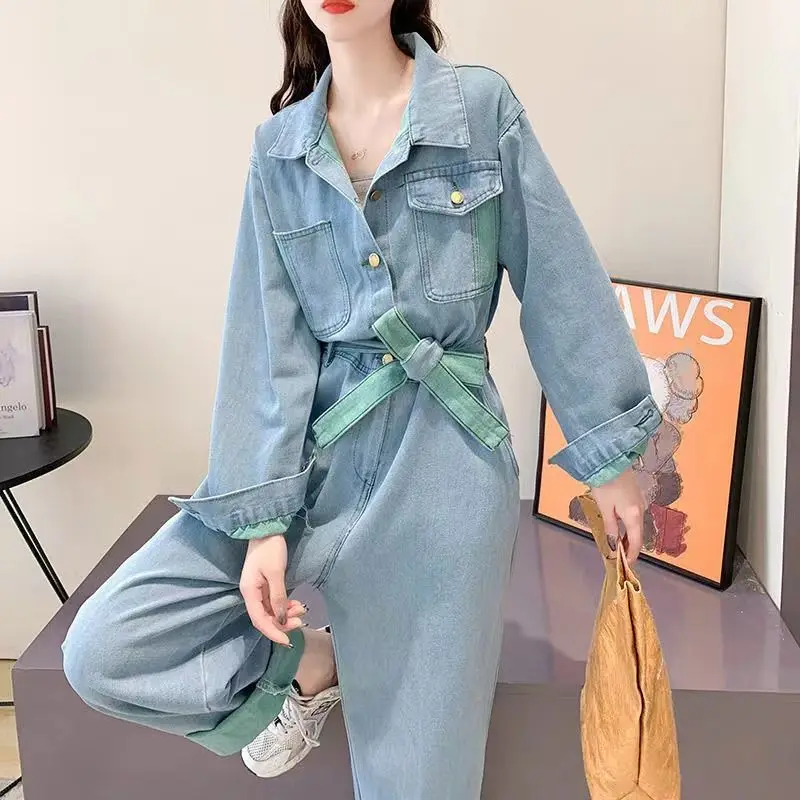 Mùa Thu Năm 2022 Bộ Áo Liền Quần Liền Vớ Mới Denim Thời Trang 1 1 Phù Hợp Với Nữ Denim 1 Dài tay Áo Liền Quần