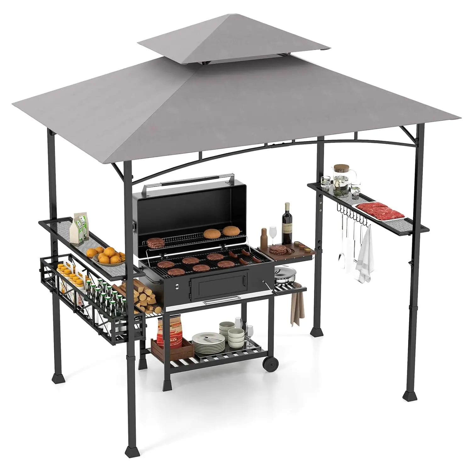 

8 x 5 FT BBQ Grill Gazebo with 2 Side Shelves, Storage Basket, Hanging Hooks, Bottle Opener, Double-Tiered Top, Customized