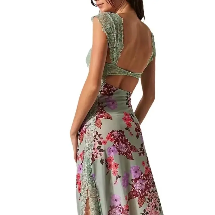 المرأة الأزهار المطبوعة المرقعة الدانتيل عارية الذراعين الصدرية الجبهة فستان طويل قطع سبليت الشاطئ عيد ميلاد مثير نادي فساتين السهرة الطرف