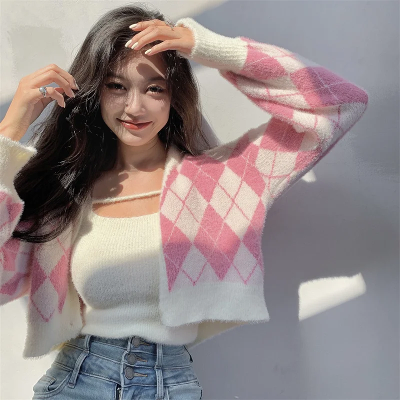 Lingge Printed Soft Warm 2 Pieces Cardigan With Tank 2023 Autumn Winter Vintage V Neck Pink Sweater Coat Korean Cardigans