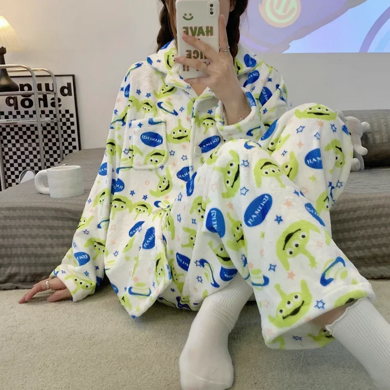 Three-eyed pajamas winter women\'s suit new clothing lapel warm two-piece cartoon Disney loungewear three-eyed women\'s pajamas