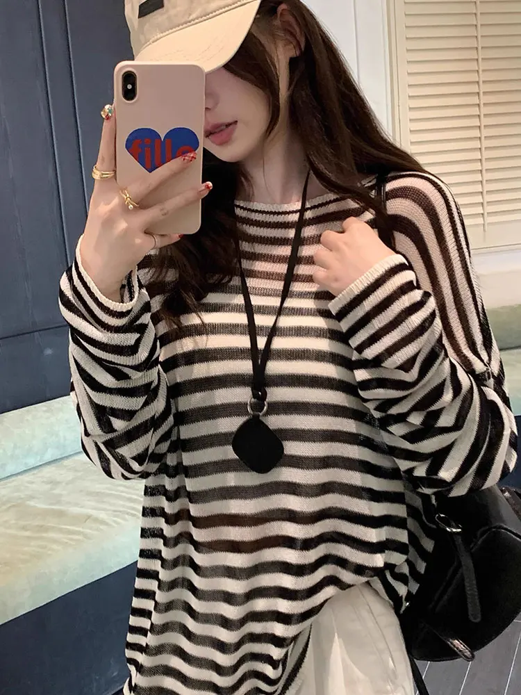 

Loose Lazy Sle Color Blo Striped Knitted Sun Protection Top Thin Long Sve Loose Fit Faionable Inner Wear for Women