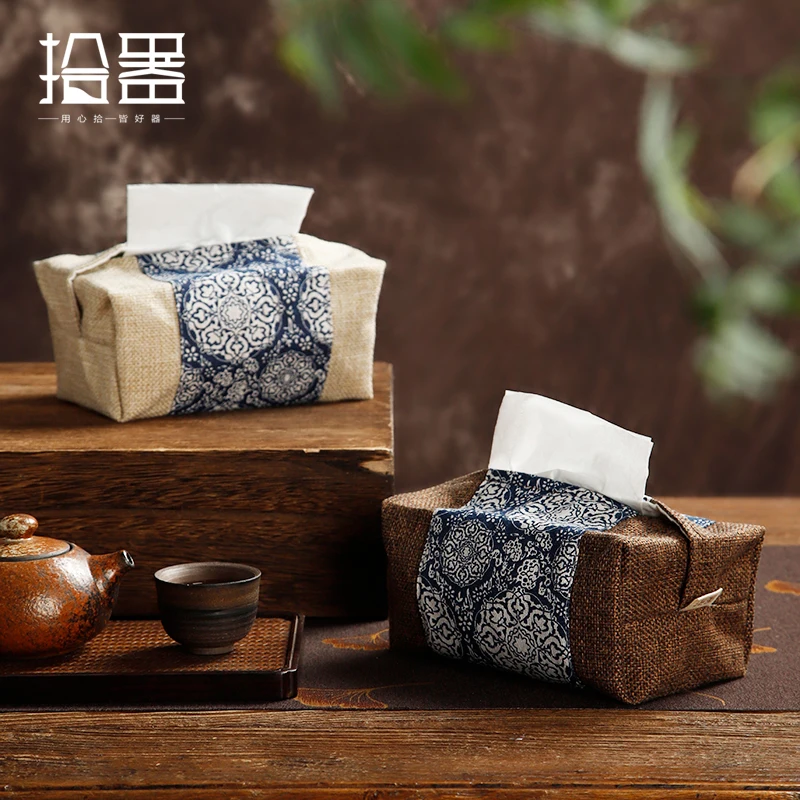 Hand-made fabric cotton linen tissue box Car life old coarse cloth tea room tea house paper box car linen storage