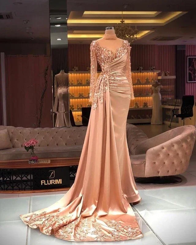 2024 Mermaid Sexy Prom Dresses Sheer Neck Beaded Sequins Arabic Aso Ebi Luxurious Blush Pink Long Sleeve Evening Gowns Plus Size