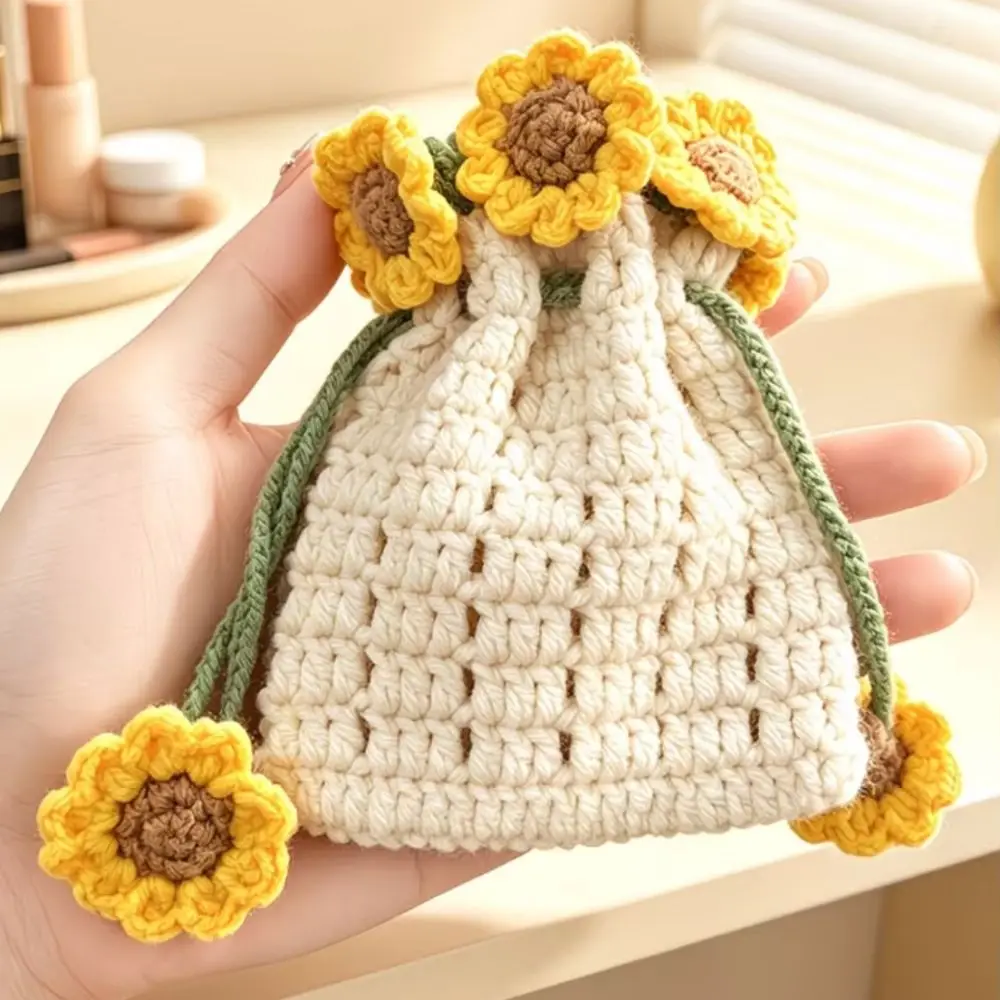 Cotton-Linen Hanging Organizer Pouch Multi Closure Handwoven Sunflower Shape Pouch Hanging Design Sunflower Shape