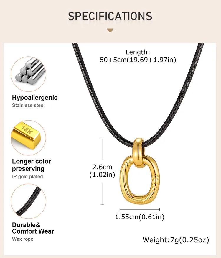 Halskette mit schwarzem Wachsschnurband, ovaler Anhänger aus goldfarbenem Edelstahl, rostbeständiger, minimalistischer Statement-Schmuck – Detail 2