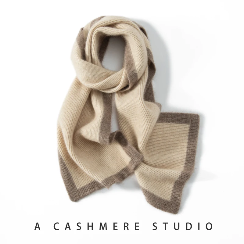 

High Quality 100% Cashmere Scarf, Women's Winter Thick Knitted Scarf, Fashionable Casual Striped Contrasting Scarf, Light Luxury