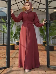 Eid Ramadan Djellaba Elegant Muslim Women Pleated Maxi Dress Saudi Arabic Robe Dubai Abaya Turkey Kaftan Islamic Clothing Belted