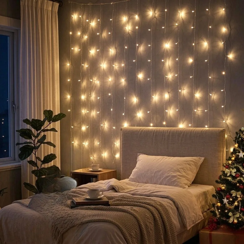 USB LED Curtain Lights Fairy String Remote Control Warm White for Window Living Room New Year Garland Decor