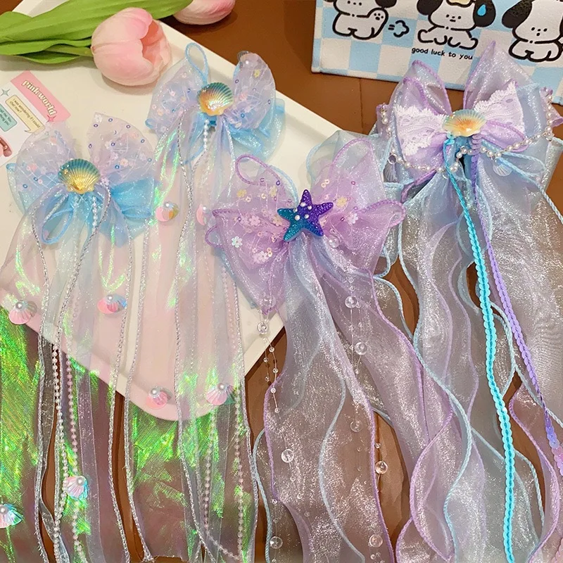 Mermaid Long Ribbon Pearl Hair Clip for Kids Cute Daily Wear Ponytail Clip Fashion Girl Photograph Haripin Hair Accessories
