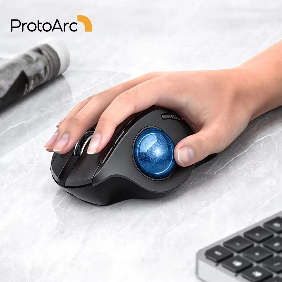 ProtoArc EM01 NL Wireless Trackball Mouse Rechargeable Bluetooth 2.4G Ergonomic Mice for PC iPad Mac Windows 3 Device Connection