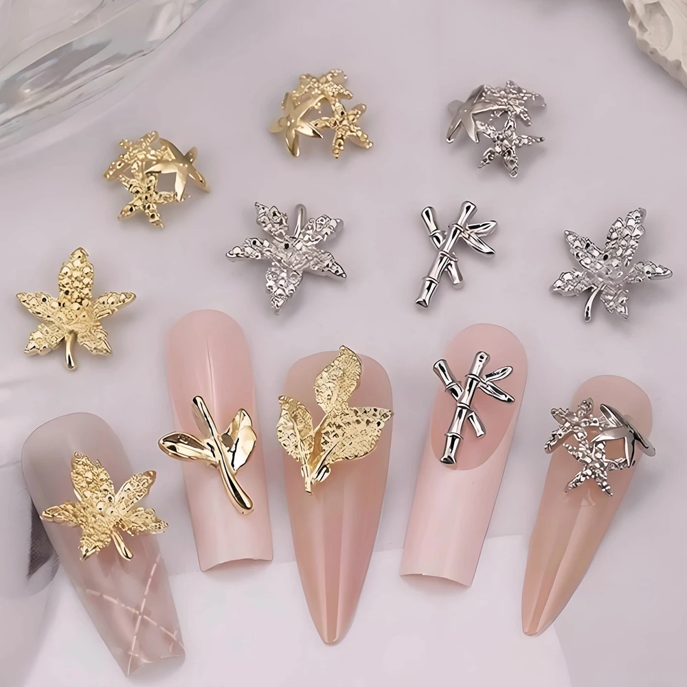 20PCS 3D Metal Metal Bamboo Nail Maple Leaves Accessories Charms Parts For Nails Decoration Design Manicure Supplies Material