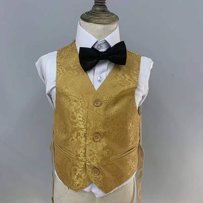 Children Golden Jacket Vest Pants Bowtie 4 P Groom Suit Boys Formal Wedding Photograph Dress Children Evening Dinner Blazer Wear