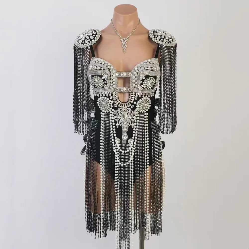 Sexy Stage Shiny Rhinestones Beading Tassel Bodysuit Women Bar Nightclub Luxury Performance Dance Costume Birthday Party Outfit