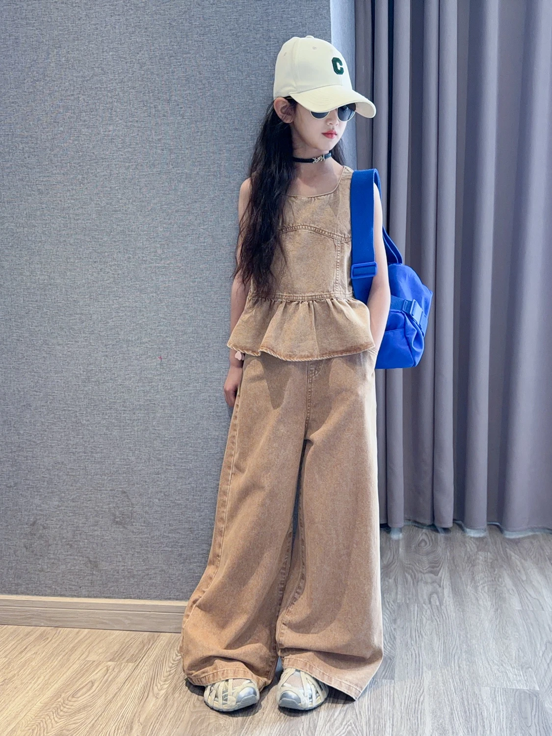 girls-summer-denim-set-wide-leg-pants-sleeveless-vest-two-piece-trendy-outfit-breathable-cotton-polyester-blend-school-gift