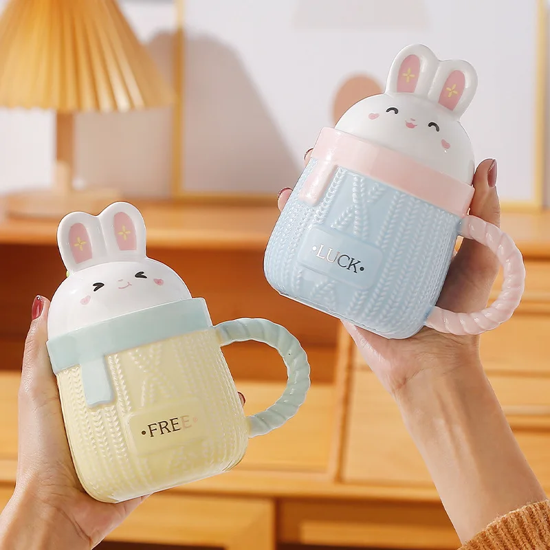 Cute Personalized Gift: Ins Style Rabbit Ceramic Mug with Lid and Spoon for Milk Breakfast Gift