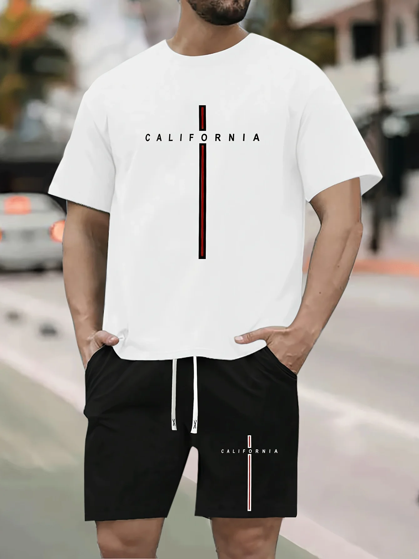 Traje con estampado de letras de California para hombre, pantalones cortos de manga corta informales y cómodos, tendencia de verano, traje deportivo todo en uno para exteriores