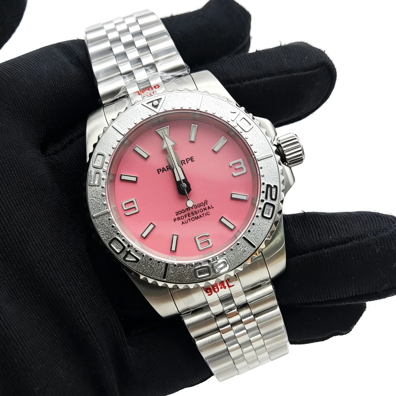 40mm NH35 Pink Dial Watch, Ceramic Bezel Luminous Mineral Crystal Solid Caseback, Best Seller Office Daily Watch