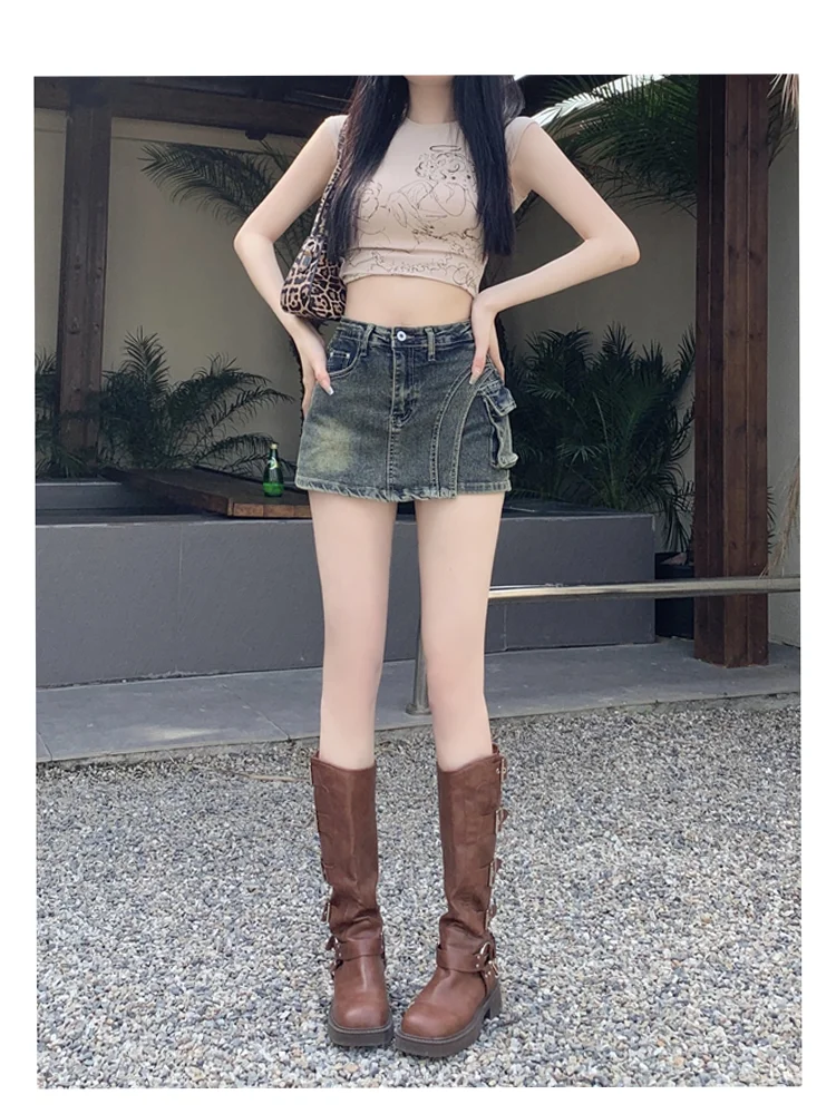 2024 Summer Women Denim Shorts High waisted spicy girl skirt pants Streetwear Small Figure A-line Wrapped Hip Short Skirt