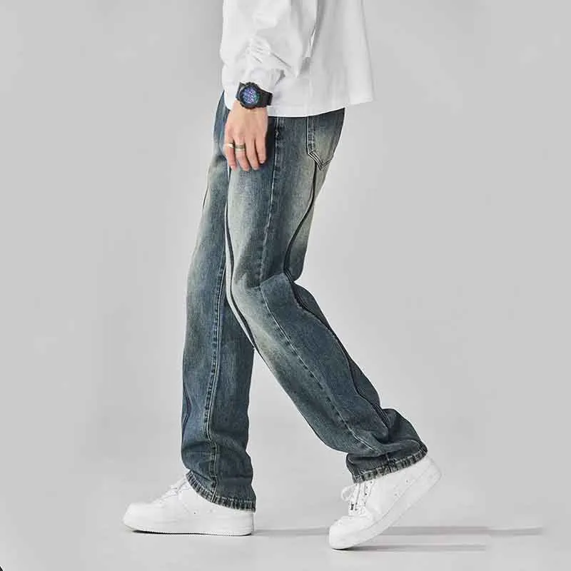 Jeans estivi Vintage stile americano High Street da uomo cerniere tascabili tendenza invecchiata pantaloni in Denim a gamba larga dritti versatili