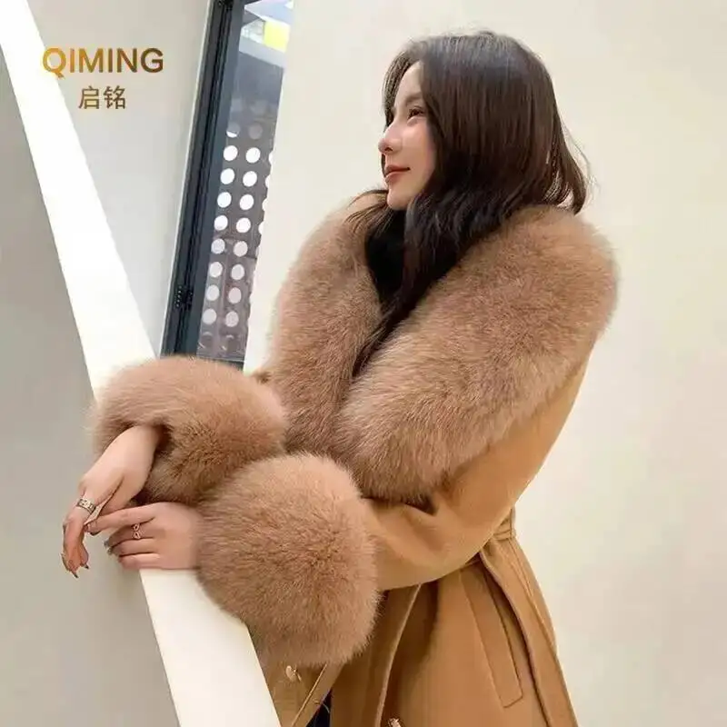 Winter Real Fox Fur Collar Women Large Fur Scarf Suit Fluffy Fur Shawl Fur Cuff Set Luxury Furry Wraps Scarves Coat Jacket Adorn